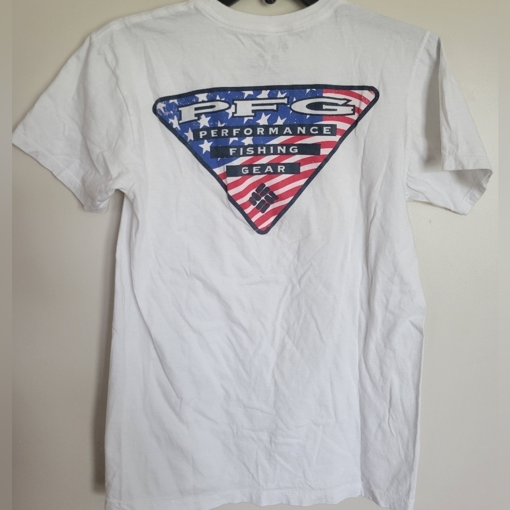Columbia PFG Men's White Americana Flag Logo Short Sleeve Tee Size Small